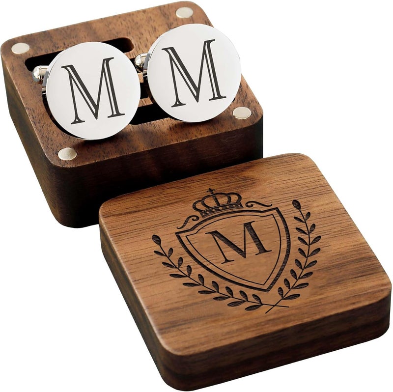 SeemDanten Mens Classic Initial Cuff links A-Z Alphabet 26 Letters Stainless Steel Silver CuffLinks with Engraved Walnut Wood Gift Box Business Wedding Set - Image 2